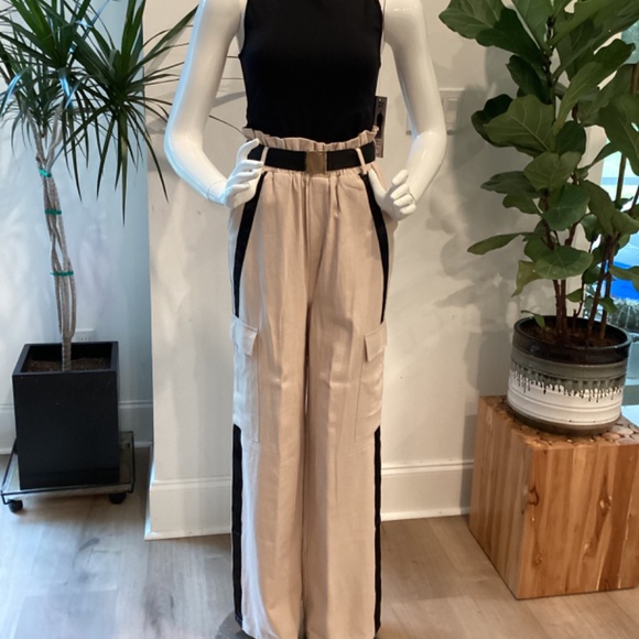 NWT MISSGUIDED TALL SIDE STRIPE TAN & BLACK WIDE LEG CARGO PANTS TROUSERS EU 38 - Picture 10 of 16